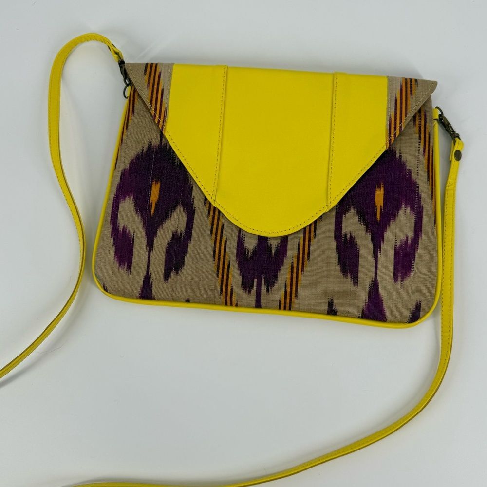 NWOT Frankitas Ikat Handwoven Yellow Leather Trim Crossbody / Clutch Bag